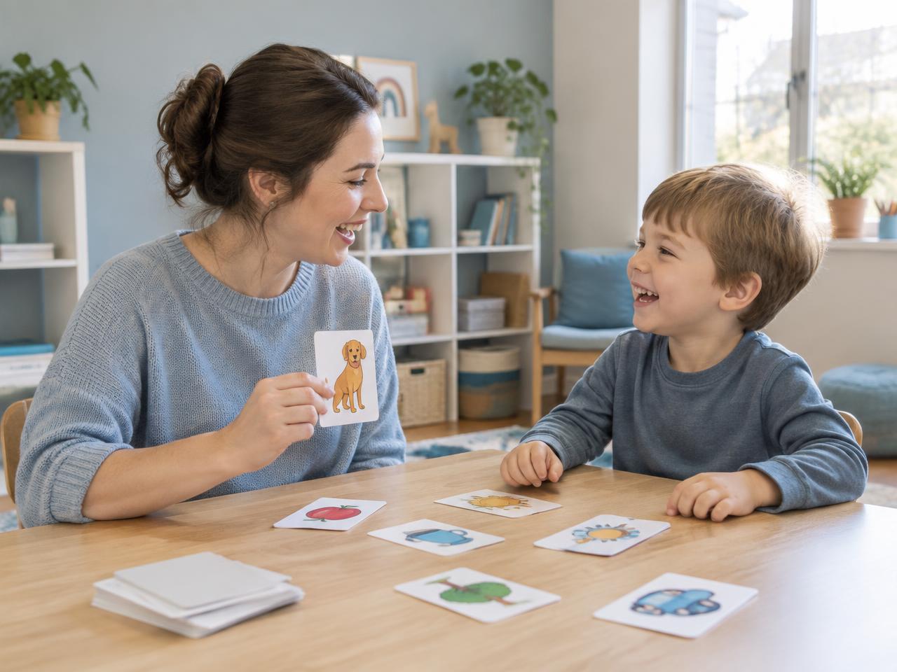 Logopädin übt mit einem Kind spielerisch mit Bildkarten