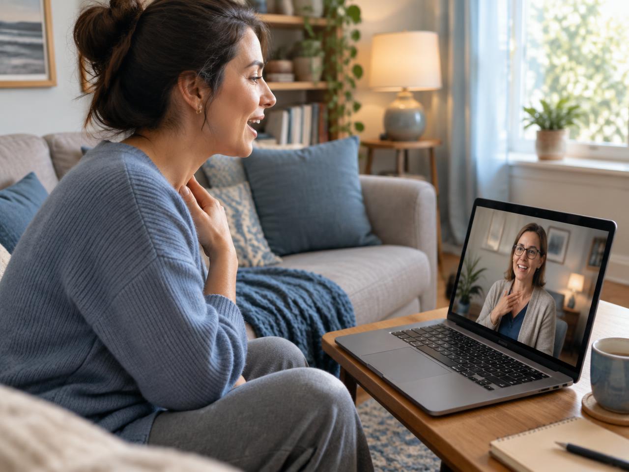 Frau macht zu Hause Stimmübungen in einer Videotherapie-Sitzung